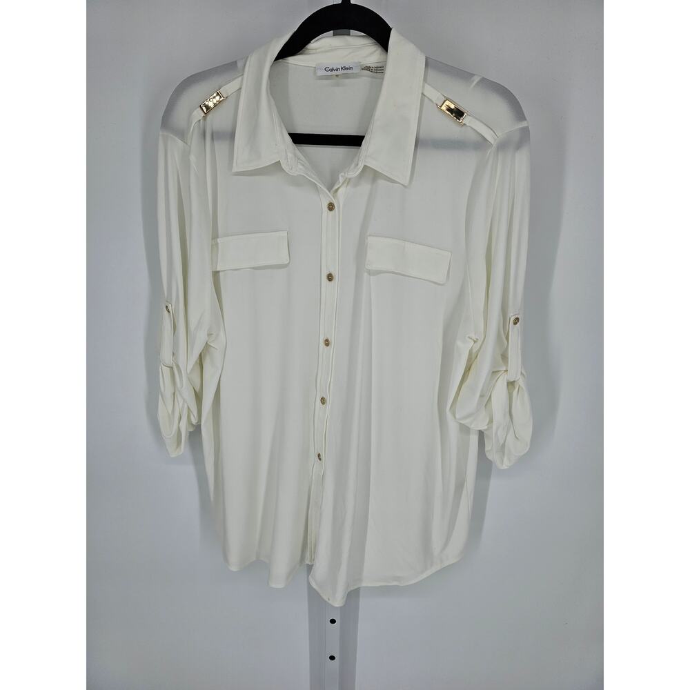 Calvin Klein Women's Cream Button-Front Blouse with Gold Accents